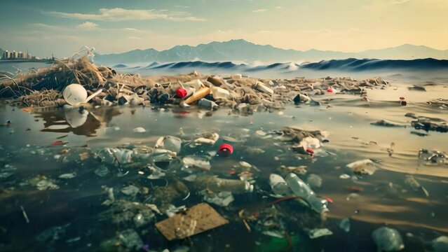 Garbage dump on the sea. Pollution of environment concept, Concept of environmental pollution, Pile of garbage and waste in the sea, AI Generated