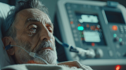 Elderly patient in hospital bed with medical equipment