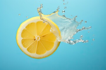 Fresh juicy lemon in splashes of water on a blue background