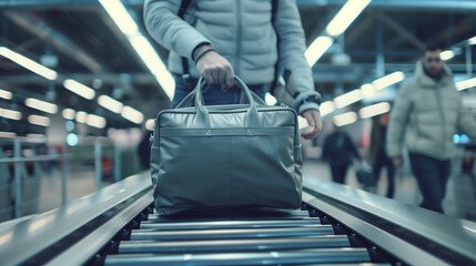 Person placing a briefcase on an airport escalator.
