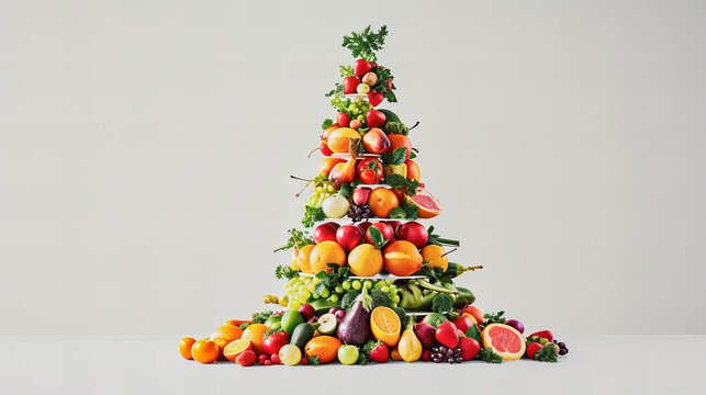 Pirâmide de frutas e vegetais frescos em fundo branco. Ideal para apresentações saudáveis e coloridas