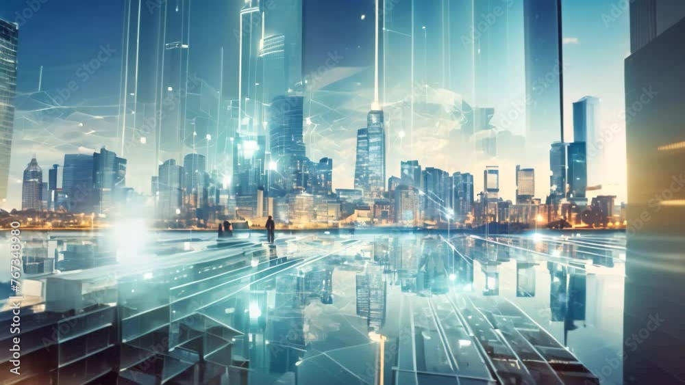 Poster Abstract city background with binary code and digital interface. 3D Rendering, Double exposure of a cityscape and a high technology network connection concept, AI Generated