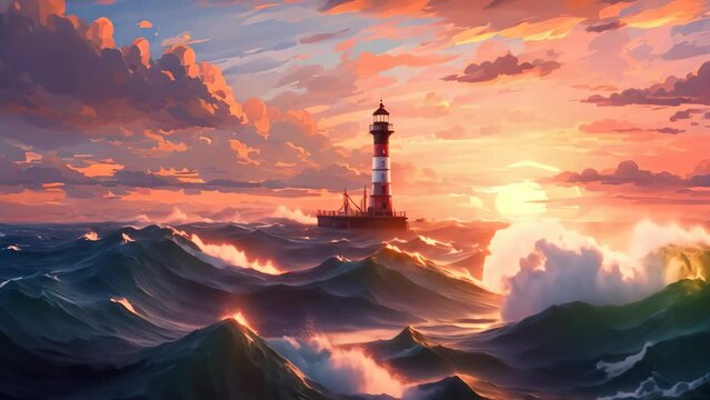 Digital painting of a lighthouse in the ocean at sunset, 3d illustration, Digital painting portraying a lighthouse situated in the middle of the ocean at sunset, AI Generated