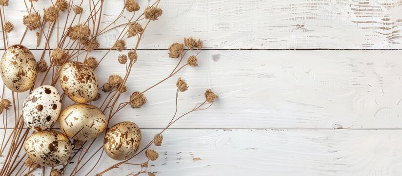 Elegant Easter concept featuring minimal gold quail eggs and dried golden flax on a white wooden background. Trendy flat lay design for a Happy Easter card with space for text.