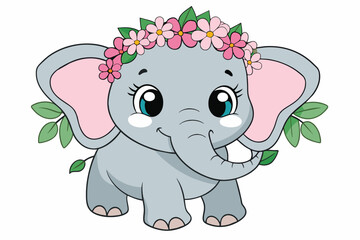 Cute baby elephant with wreath of pink flowers vector illustration