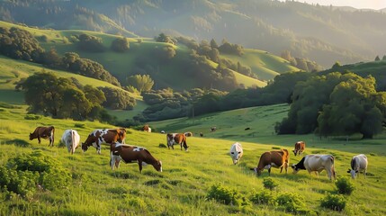 Cows grazing on a plain - obrazy, fototapety, plakaty