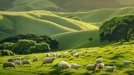Sheep grazing on a plain - obrazy, fototapety, plakaty