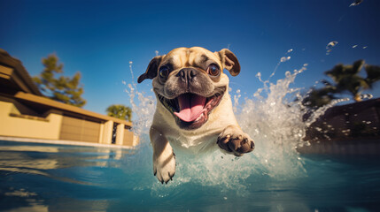 A little pug puppy is having fun jumping into the pool on a warm summer day. Training and active...