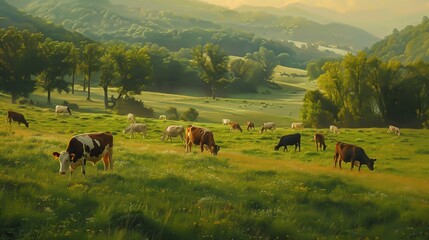 Cows grazing on a plain - obrazy, fototapety, plakaty
