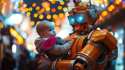 A modern robot carefully holds an infant in its arms, an urban landscape, and a neon light. The robot takes care of the child. The child is not afraid of the robot. The world of the future