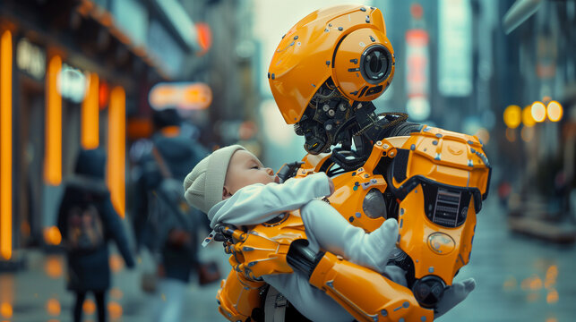 A modern yellow robot carefully holds an infant in its arms, an urban landscape. The robot takes care of the child, motherhood. The baby is not afraid of the robot. The world of the future