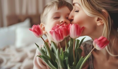 little child with tulips. Tender Mother-Son Moment with Pink Tulips