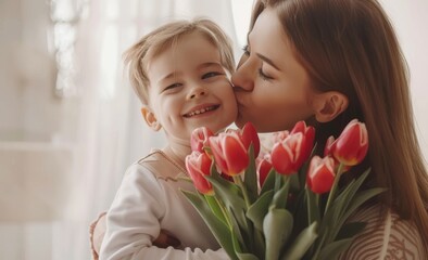Cherished Moments: Mother Kissing Happy Child with Tulips