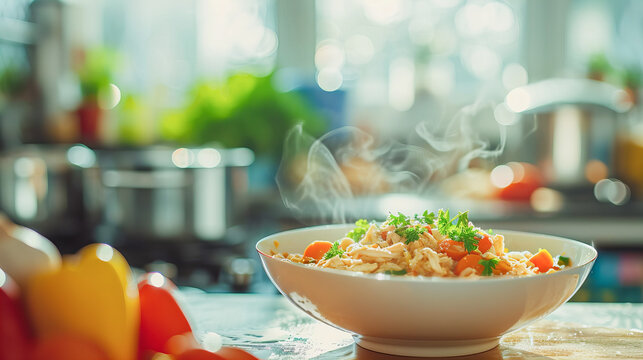Prato saud&aacute;vel: frango desfiado com vegetais, envolto em vapor, em fundo desfocado de cozinha. Alimenta&ccedil;&atilde;o fitness e saud&aacute;vel em destaque