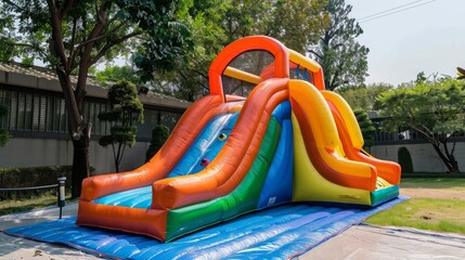 inflatable colorful water slide in the backyard for children's playground, Water play center, in summer, 16:9 