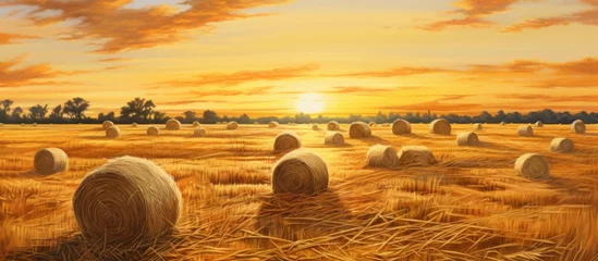 Poster The natural landscape is filled with bales of hay as the sun sets, creating a picturesque scene on the horizon over the grassy plain © AkuAku