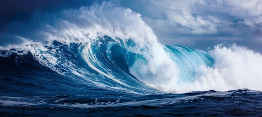 A large wave rises in the middle of the vast ocean, showcasing the power and force of nature - obrazy, fototapety, plakaty