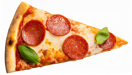 Close-up of triangular piece of pepperoni pizza isolated on white background. Tasty fast food.
