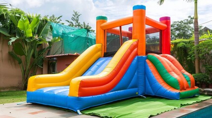 Fototapeta na wymiar inflatable colorful water slide in the backyard for children's playground, Water play center, in summer, 16:9 