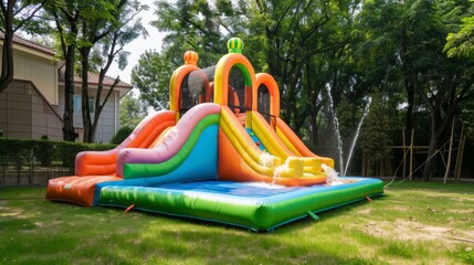 inflatable colorful water slide in the backyard for children's playground, Water play center, in summer, 16:9 