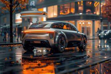 Futuristic Car Driving Through City Rain