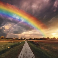 Naklejka na ściany i meble Rainbow over a country road.