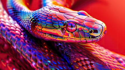 A vibrant, digitally altered image of a snake with iridescent scales