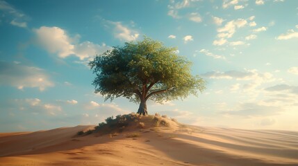A green tree on a hill in the desert