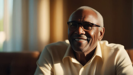 Fototapeta premium Portrait of happy black elderly elegant man. Senior ethnic grandfather with grey afro hair smiling at home