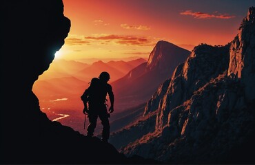 Solo hiker at sunset reaching the summit - Success - Hard Work - Adventure