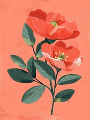 Two vibrant red flowers with green leaves stand out against a soft pink background