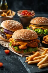 Burger, Cheeseburger, Club sandwich with chicken, Nuggets and french on a dark background. Vertical banner.