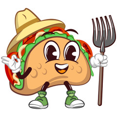 cute taco mascot character emoticon with a funny face wearing a farmer's hat and carrying a fork shovel, cute taco mascot