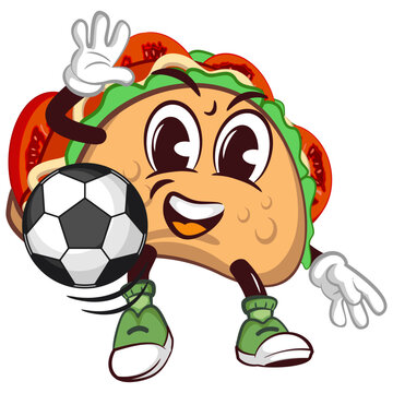 cute taco mascot character emoticon with funny face playing football, cute taco mascot