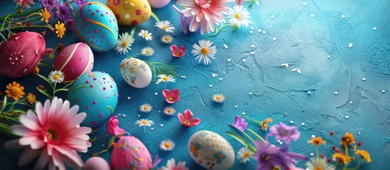 Fotobehang Easter greetings with a celebratory theme of decorated eggs and blooming flowers. © Vusal