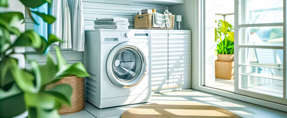 Modern washing machine in White laundry. Bathroom interior with plants. Laundry room interior with washing machine 