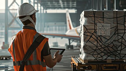 a logistician in action at the cargo airport, in a vest and white construction helmet, as he monitors the loading of a cargo pallet onto a waiting plane, utilizing tablet for logistics management.