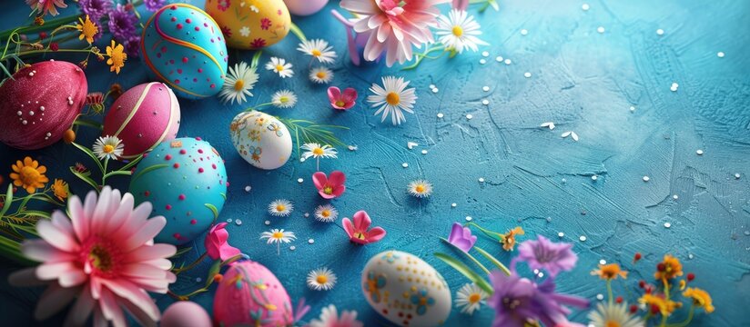 Easter greetings with a celebratory theme of decorated eggs and blooming flowers.