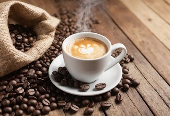 White porcelain mug with hot espresso next to scattered coffee beans from bag, on wooden background. Breakfast latte drink. AI generation