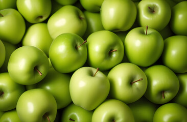 Background texture of green apples. Many ripe apples in the background, top view. Ripe juicy apples close-up.