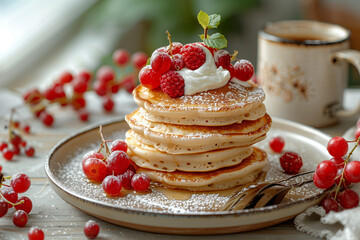 Fluffy Pancakes with Fresh Fruit and Coffee