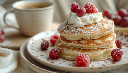 Fluffy Pancakes with Fresh Fruit and Coffee