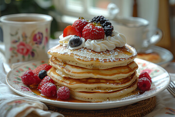 Fluffy Pancakes with Fresh Fruit and Coffee