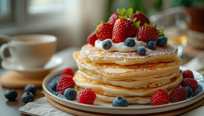 Fluffy Pancakes with Fresh Fruit and Coffee