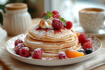 Fluffy Pancakes with Fresh Fruit and Coffee