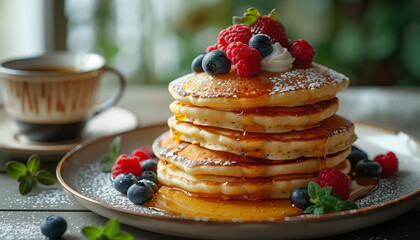 Fluffy Pancakes with Fresh Fruit and Coffee