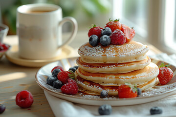 Fluffy Pancakes with Fresh Fruit and Coffee