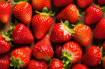 Strawberry background texture. Many ripe strawberries in the background, top view. Ripe juicy strawberry close-up.