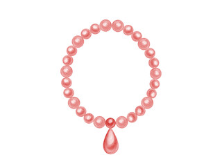 Sea pearl beads. Pink necklace. Female accessories for party. Bijouterie and jewelry. Watercolor illustration for holiday design, invitation, greetings