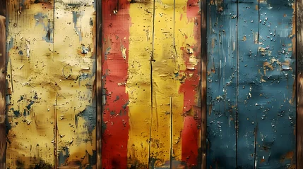 Fotobehang Three wooden boards painted in different colors. The peeling paint creates an aged and vintage effect © Nataliia